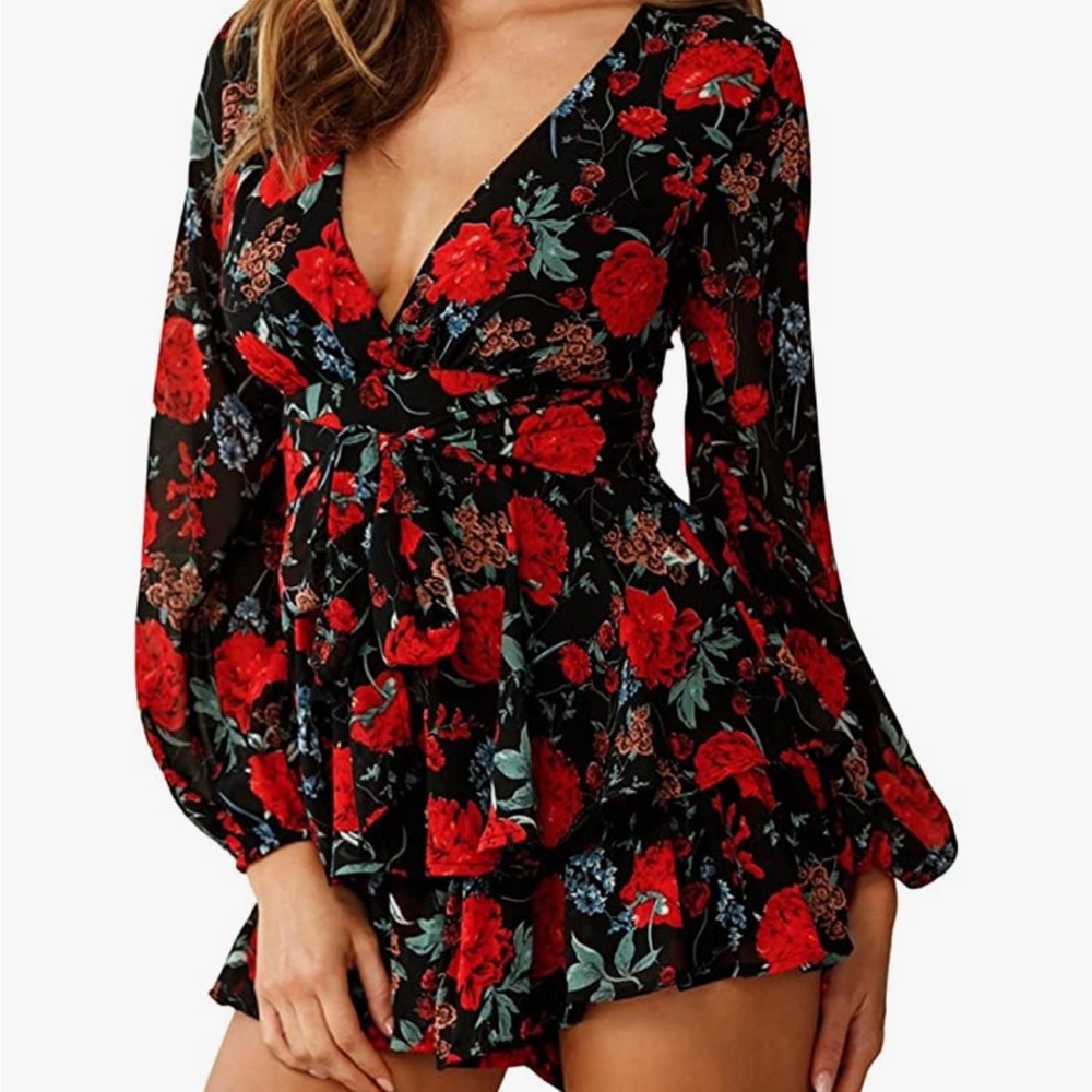 COPY - Red black floral romper size medium